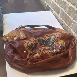 Isabella Fiore Brown Leather Shoulder Bag with Floral Tattoo (Peace and Love)